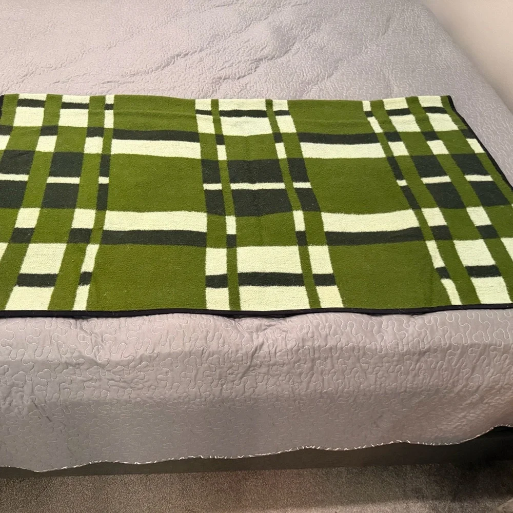 Vintage Green “Tartan” Wool Travel Blanket | Lap Rug | Car Rug | Mid-Century